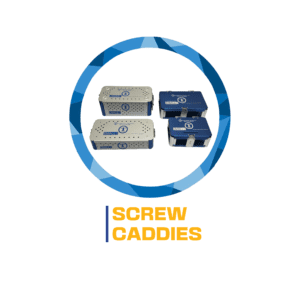 Here's an alt tag for the image: Four surgical screw caddies.