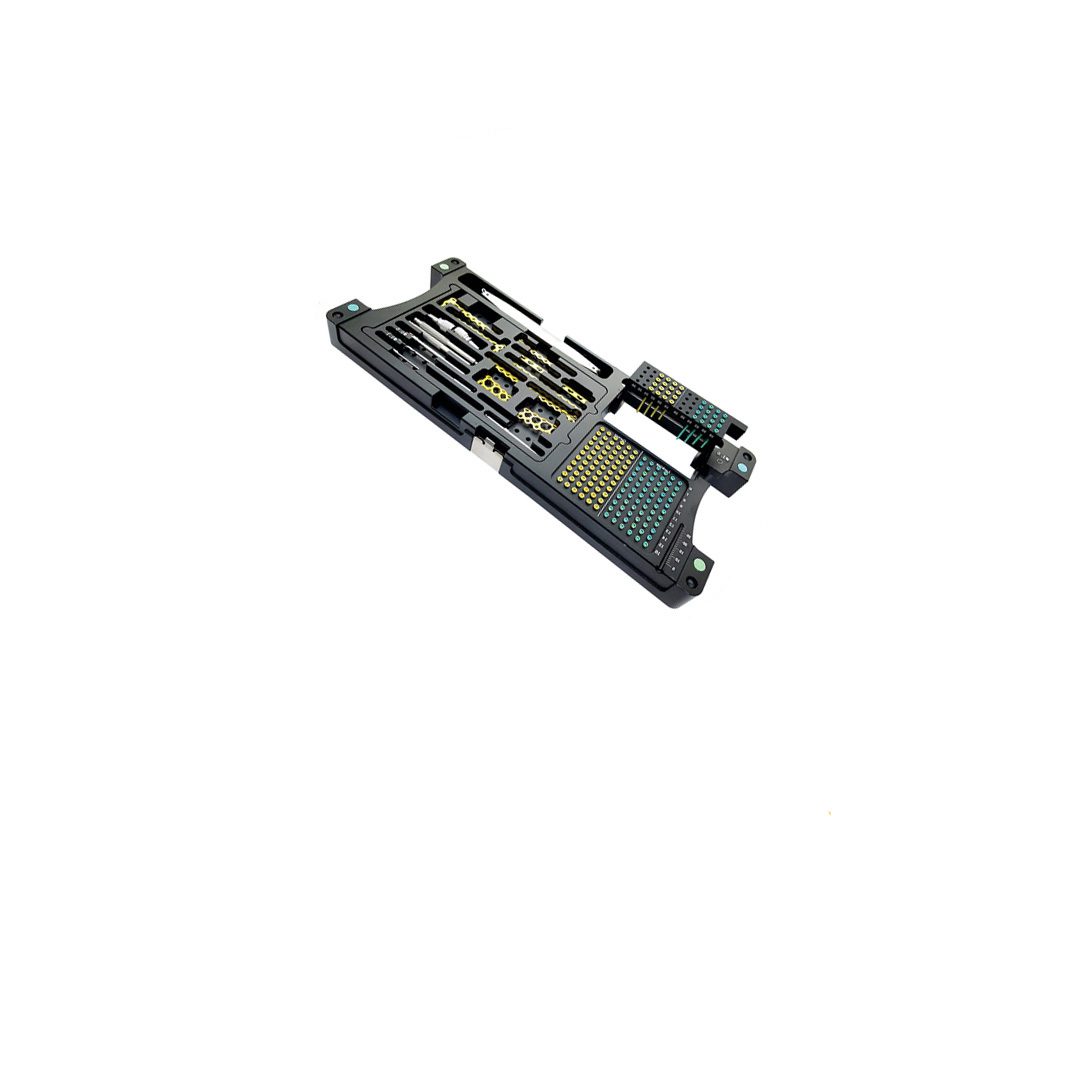 Surgical instrument kit on white background.